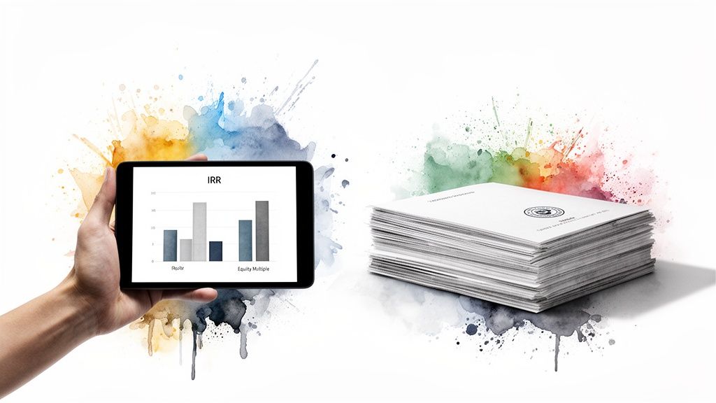 A hand holds a tablet displaying an IRR bar chart, next to a stack of financial documents.