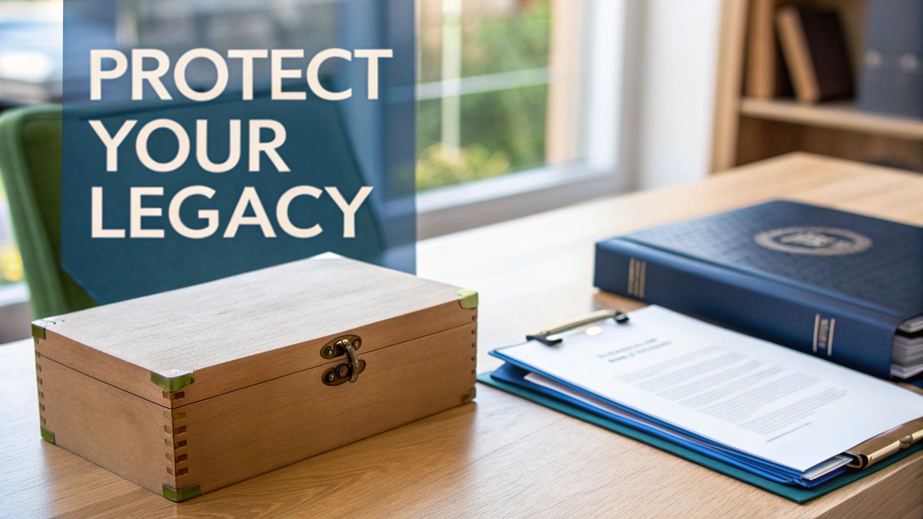 A wooden box, documents on a clipboard, and a blue binder on a desk with 'PROTECT YOUR LEGACY' text.