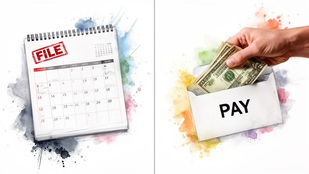 Calendar with 'FILE' stamp next to a hand putting cash into an envelope marked 'PAY'.