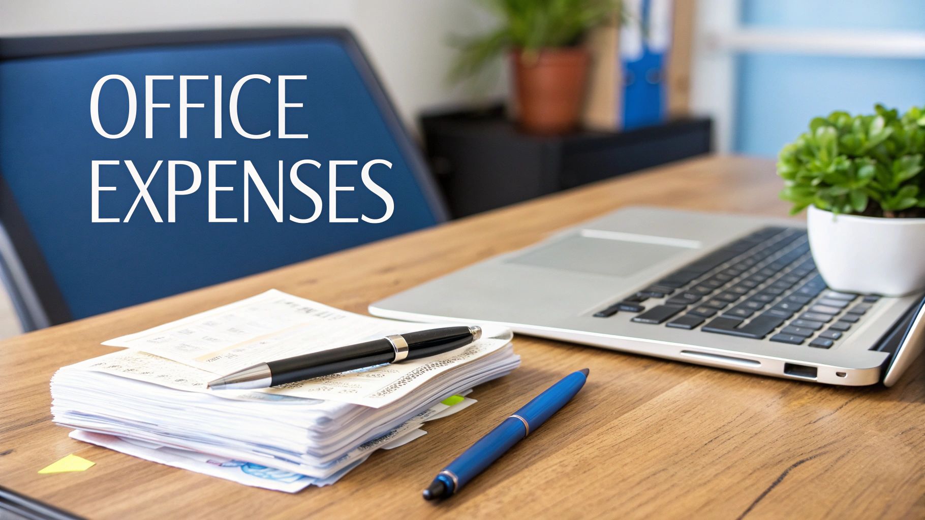 A desk with a laptop, stacked documents, pens, and a monitor displaying 'OFFICE EXPENSES'.