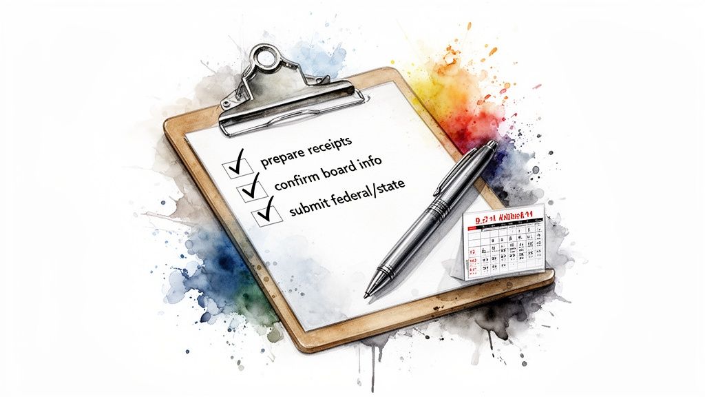 A watercolor illustration of a clipboard with a completed tax checklist, a pen, and an October 24 calendar.