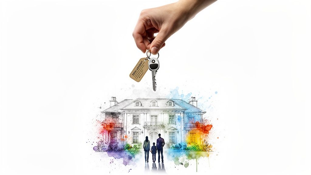 A hand holds a house key above a vibrant watercolor sketch of a large family home with a family standing in front.