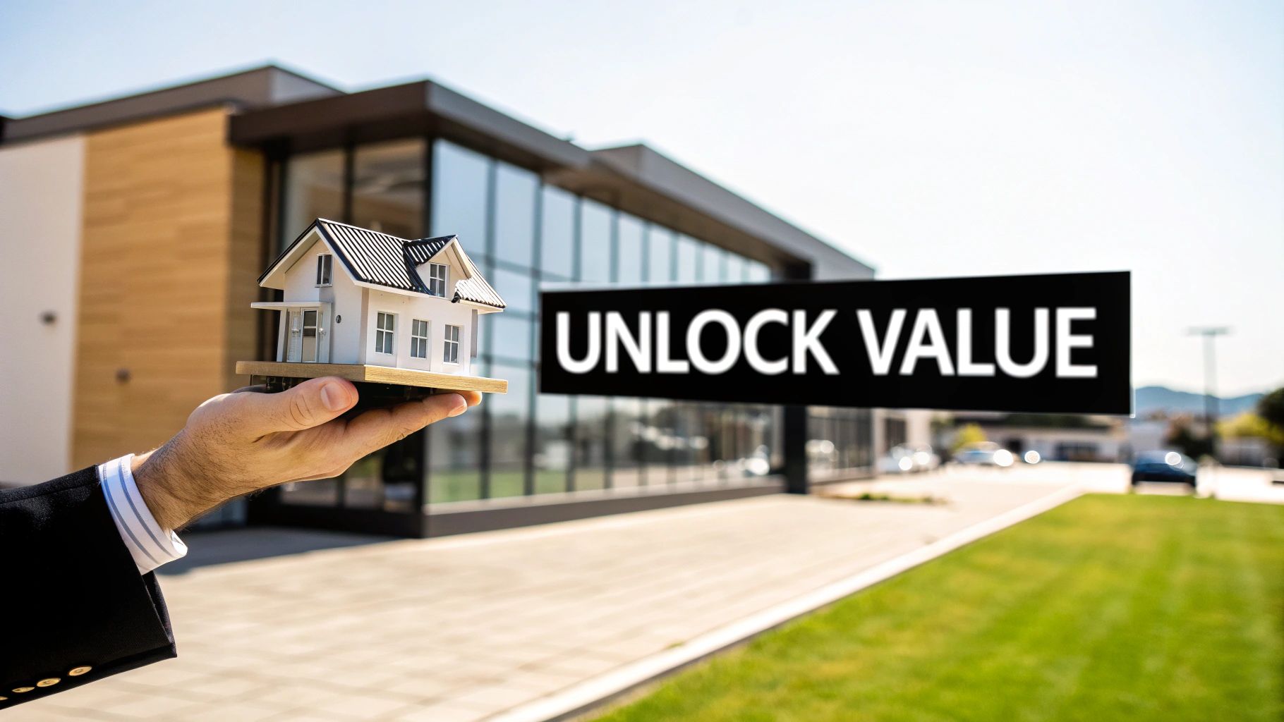 Business professional holding miniature house model with unlock value text representing real estate investment potential