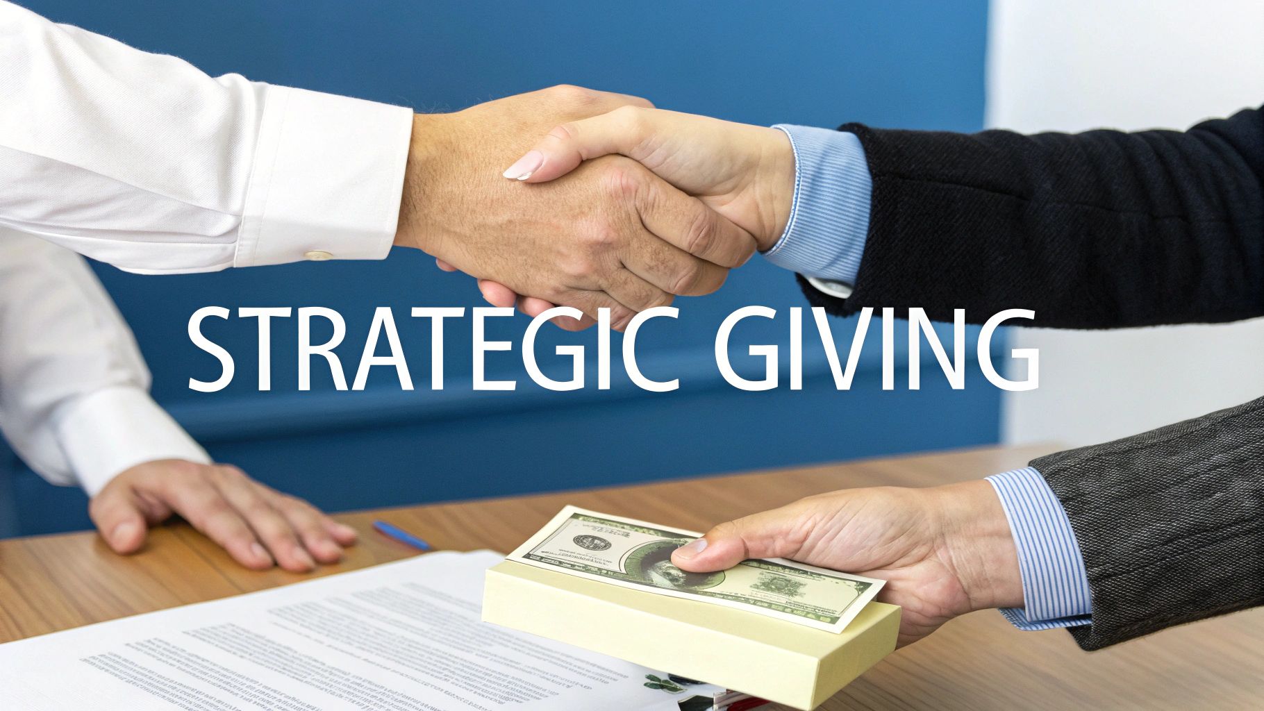 Two business people shaking hands while one gives a stack of money, with text 'Strategic Giving'.