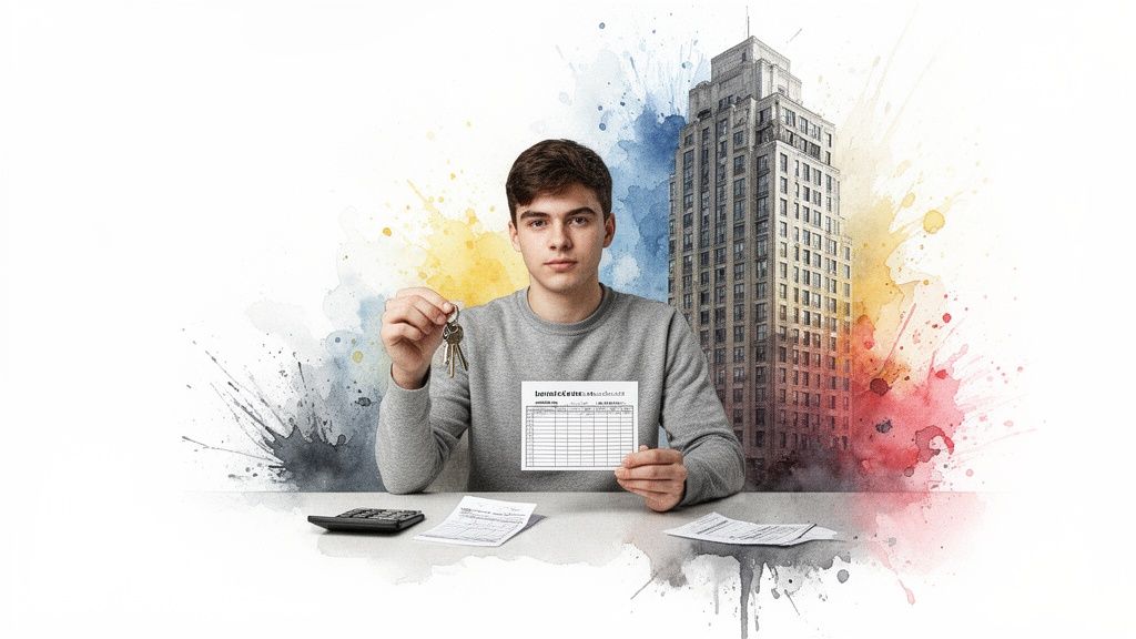 Young man holding apartment keys and a financial document, sitting at a desk with a building background.