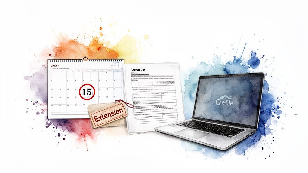 A calendar with the 15th circled, an 'Extension' tag, Form8868, and a laptop with 'eFile' logo.