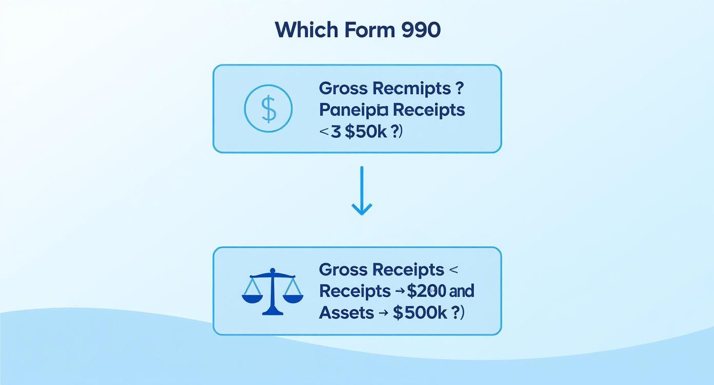 Flowchart explaining how to determine which IRS Form 990 to file based on gross receipts and assets.