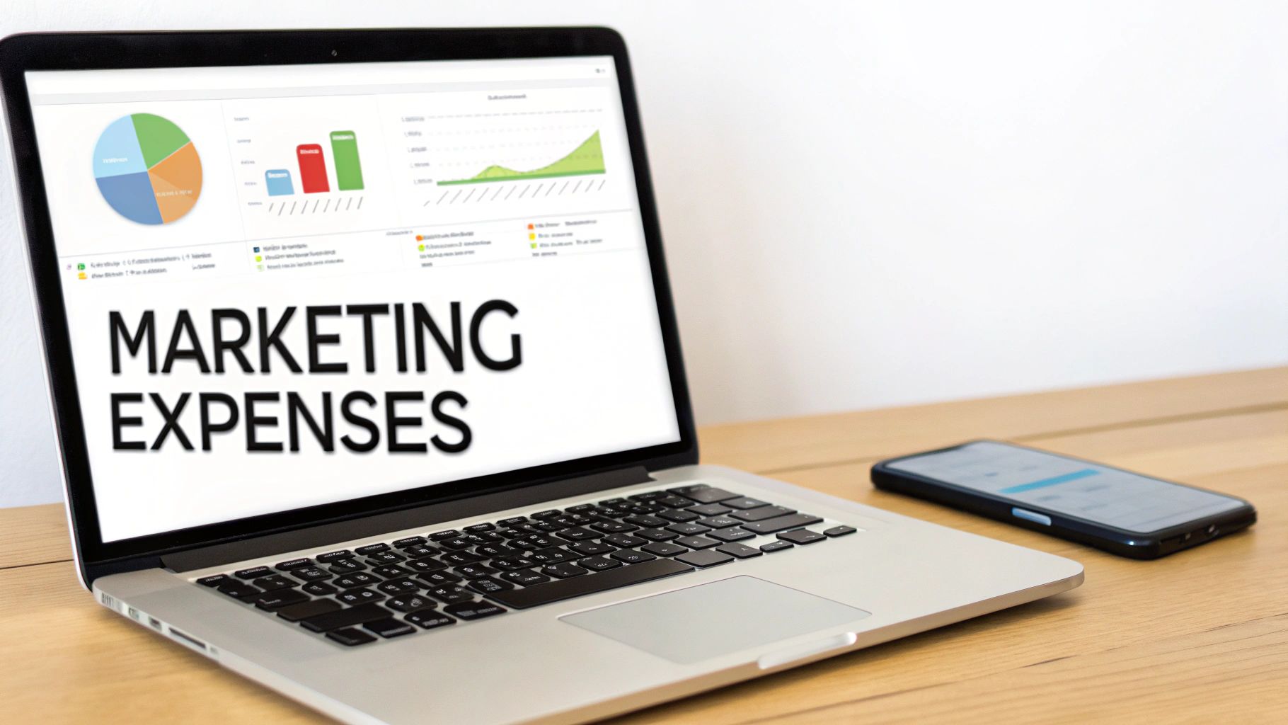 Close-up of a laptop displaying 'Marketing Expenses' and data analytics charts, with a phone nearby.