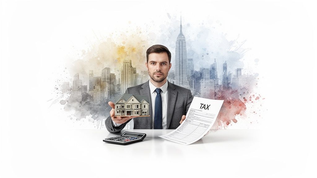 A man in a suit presents a model house and a 'TAX' document with a calculator, against a city background.