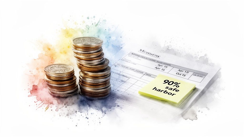Stacks of coins next to a tax document with a sticky note saying "90% safe harbor" against a watercolor background.