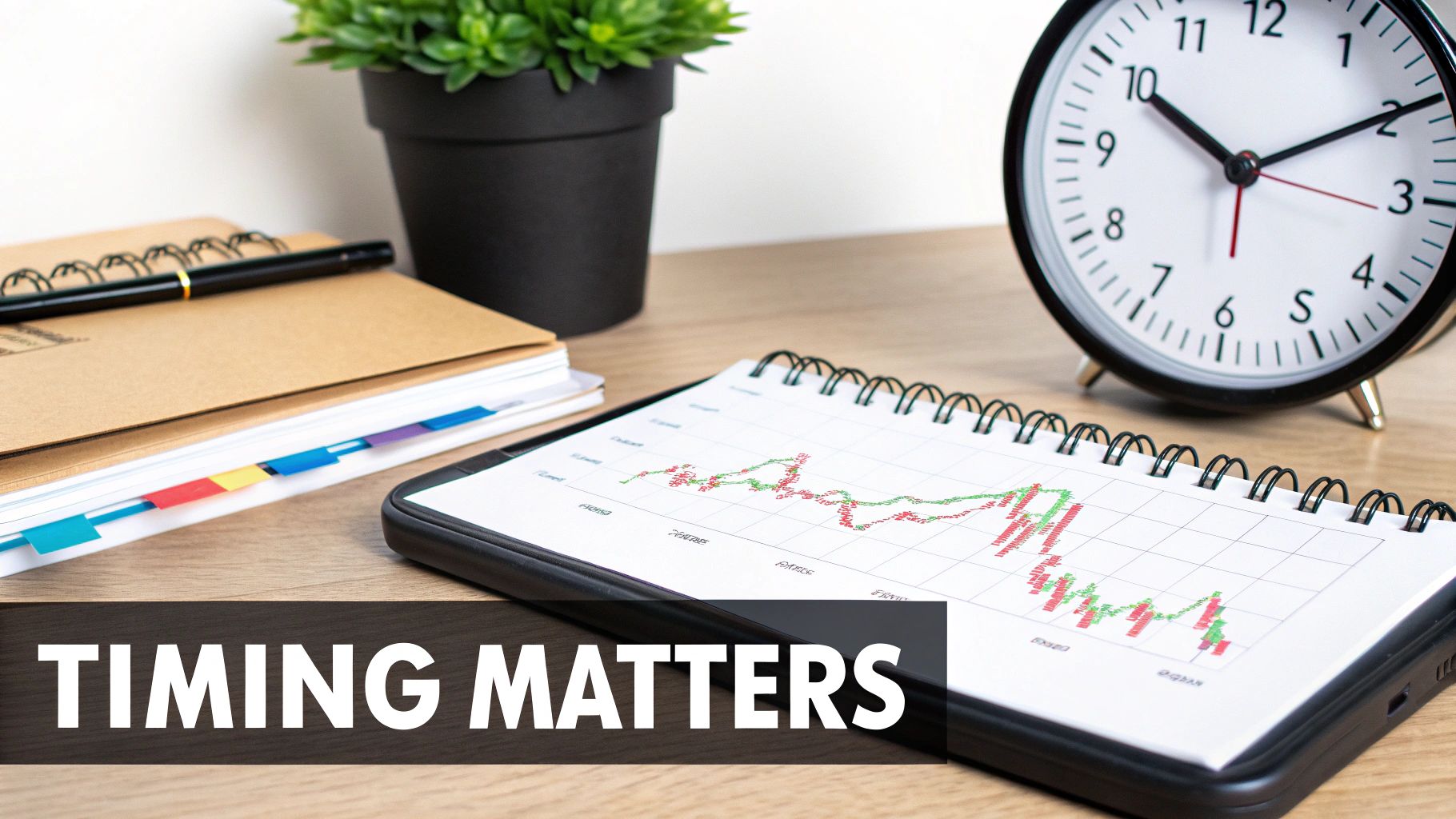 A desk with a financial candlestick chart in a notebook, an alarm clock, and text 'TIMING MATTERS', highlighting market strategy.