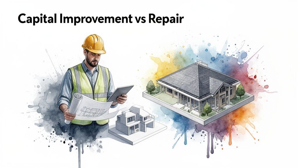A construction worker with blueprints and a tablet next to house designs, illustrating capital improvement vs repair.