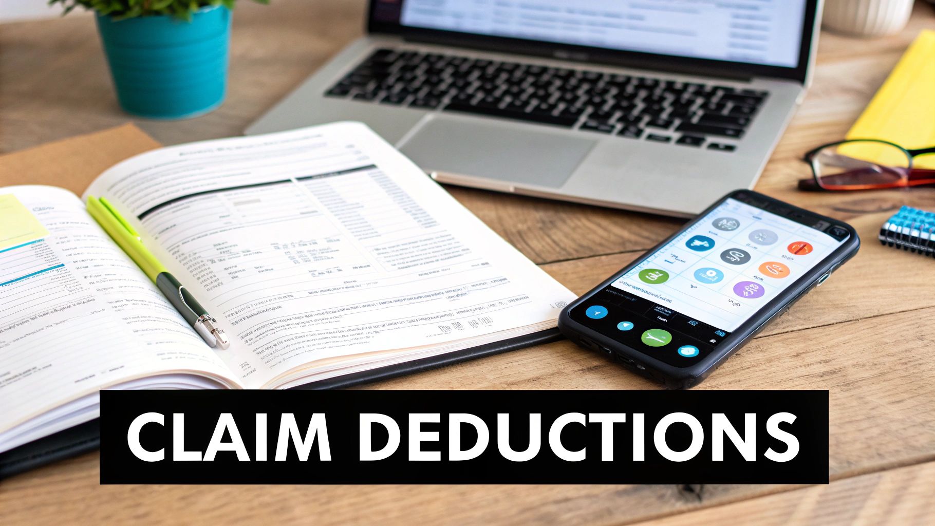 Desk workspace with laptop, financial documents, smartphone showing expense tracking apps, and claim deductions text overlay
