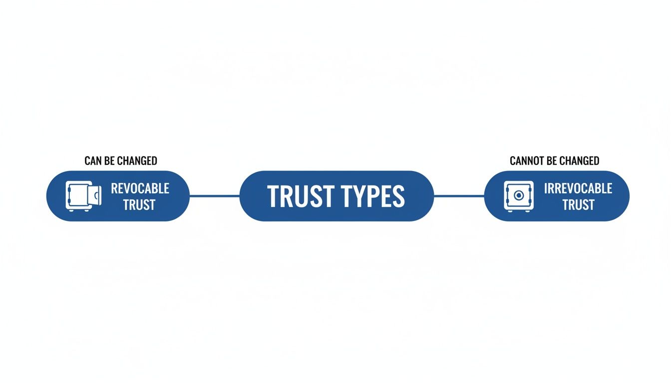 A flowchart visually explaining two trust types: revocable trusts that can be changed, and irrevocable trusts that cannot be changed.