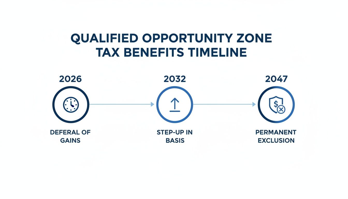 Timeline illustrating Qualified Opportunity Zone tax benefits: deferral of gains (2026), step-up in basis (2032), and permanent exclusion (2047).