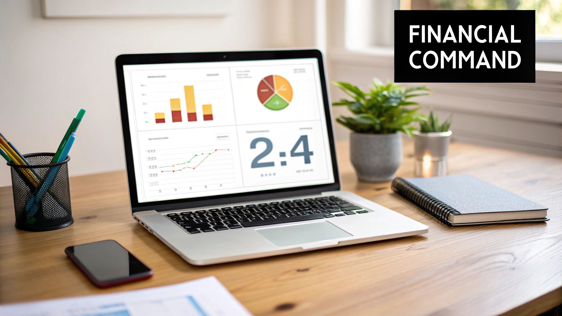 A person sitting at a desk with a laptop and a calculator, managing their finances for a small business.