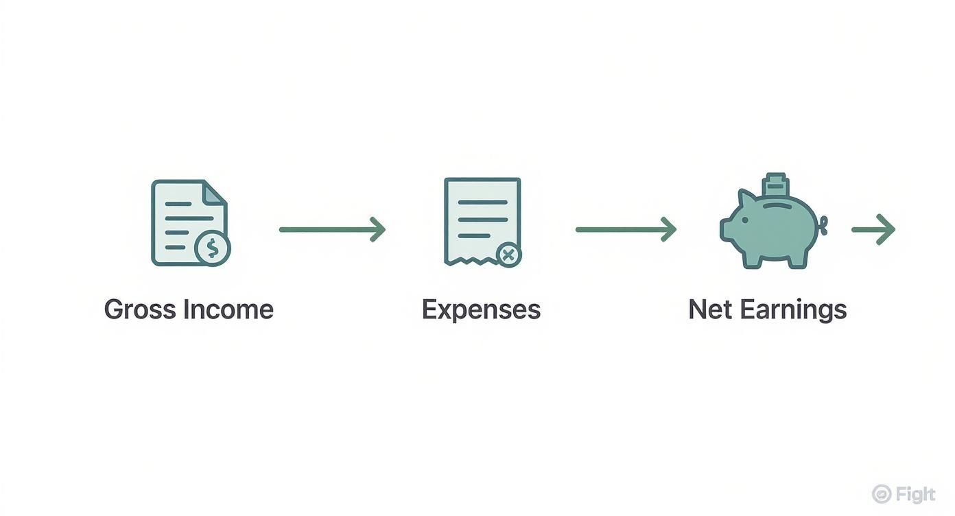 Flowchart showing gross income leading to expenses, which then leads to net earnings.