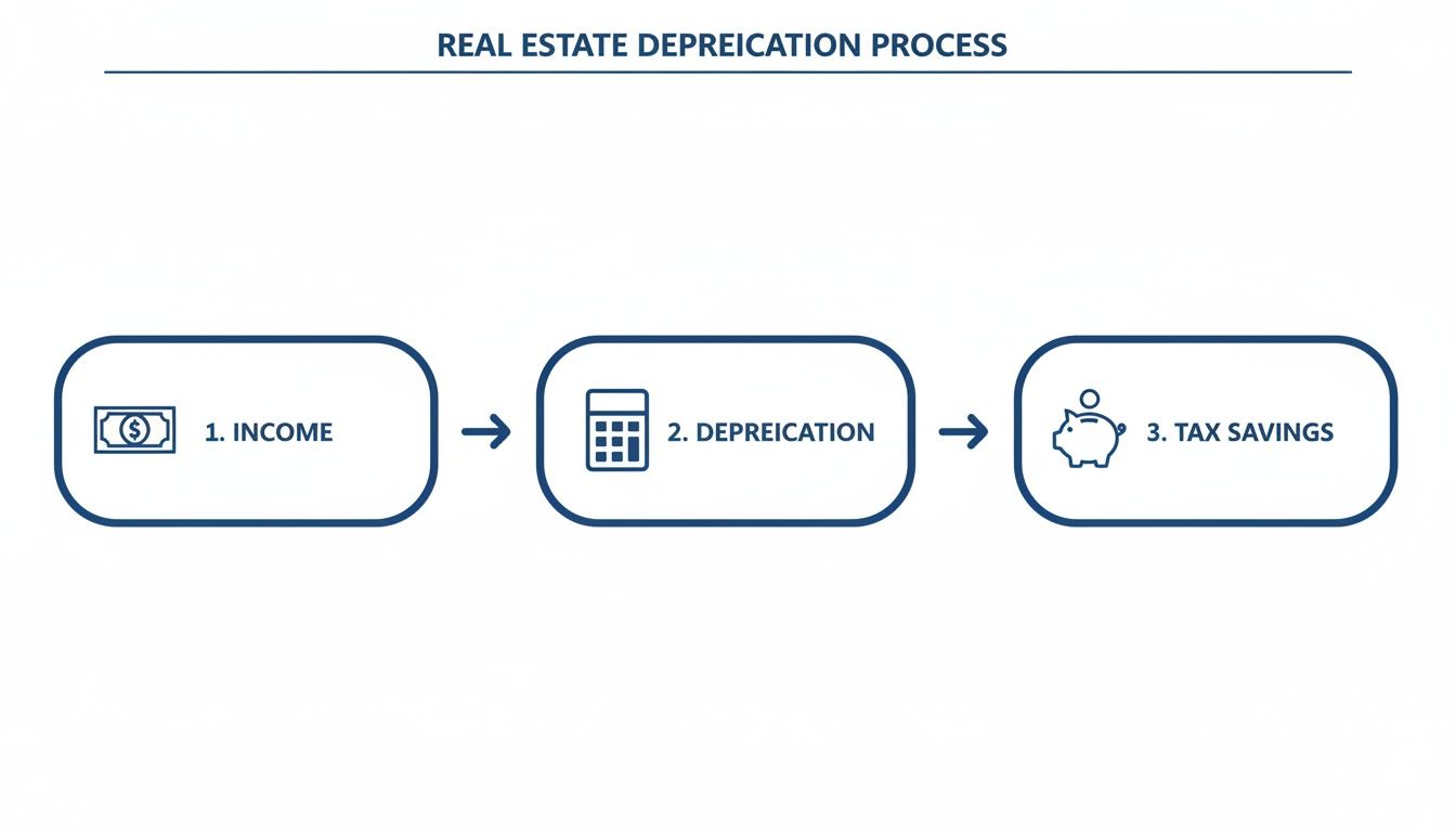 A three-step diagram outlines the real estate depreciation process, showing income, depreciation calculation, and tax savings.