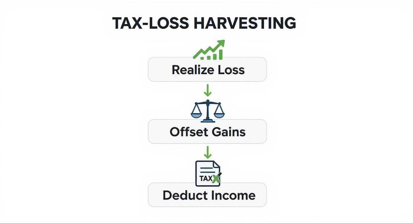 A flowchart explaining tax-loss harvesting steps: realize loss, offset gains, and deduct income.