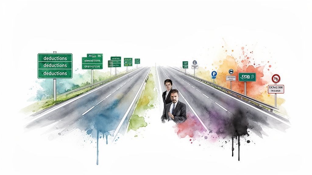 Two men observe a watercolor highway diverging into 'deductions' and various traffic sign paths.