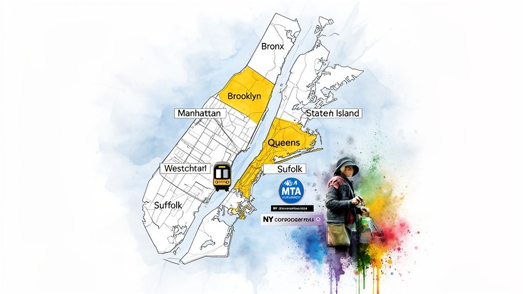 Map of New York boroughs with highlighted areas, MTA subway icon, and corporate income tax text.