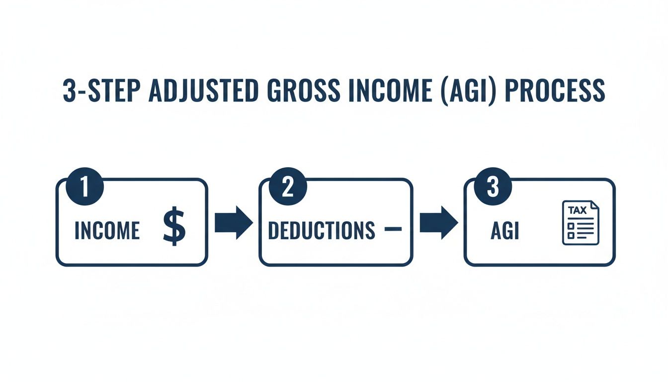 A 3-step diagram illustrating the Adjusted Gross Income (AGI) process: Income minus Deductions equals AGI.