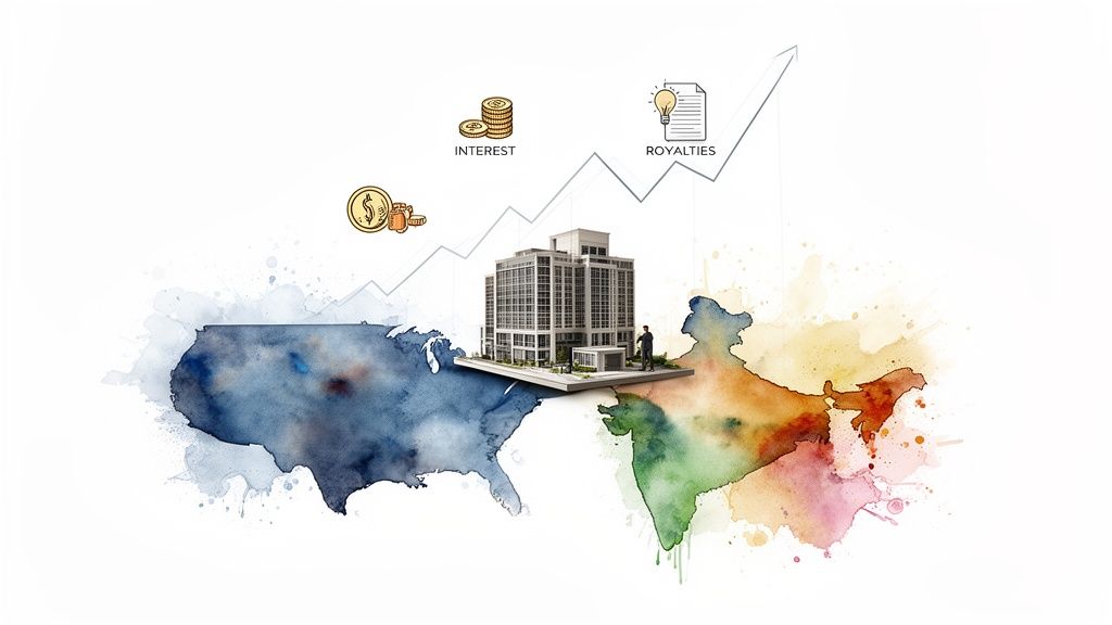 Illustration of financial exchange between US and India, showing interest and royalties via a graph.