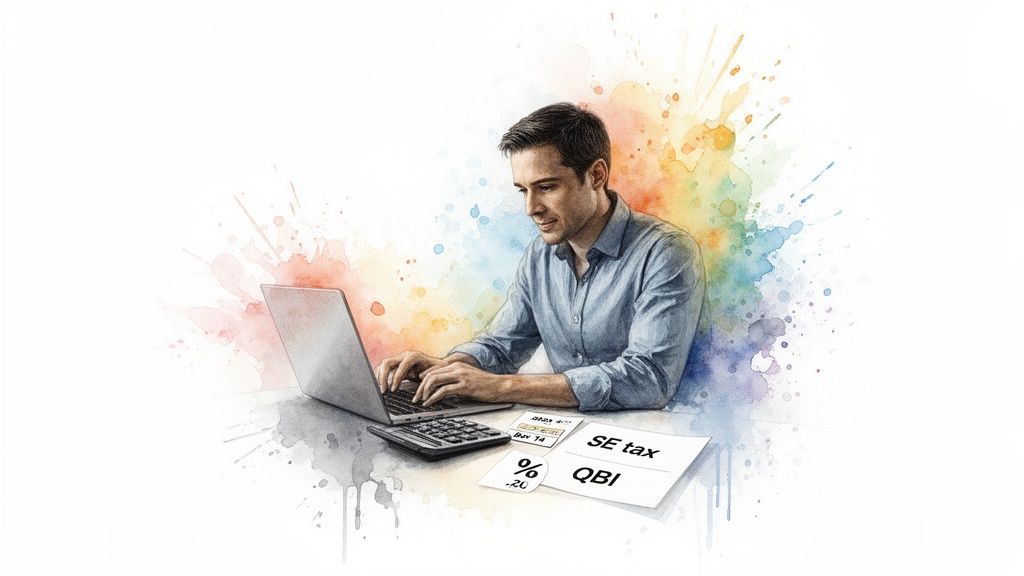 Man computing taxes on a laptop with a calculator and tax forms in a watercolor style.