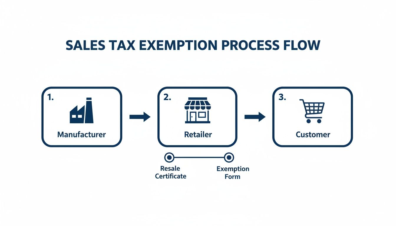 Flowchart illustrating the sales tax exemption process from manufacturer to retailer to customer, involving resale certificates and exemption forms.