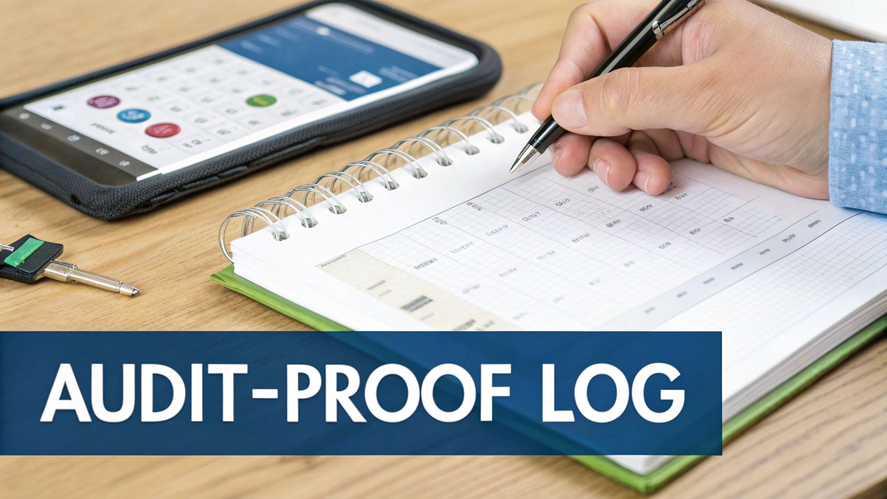 A person's hand writes in an audit-proof logbook with a pen, next to a smartphone and a key.