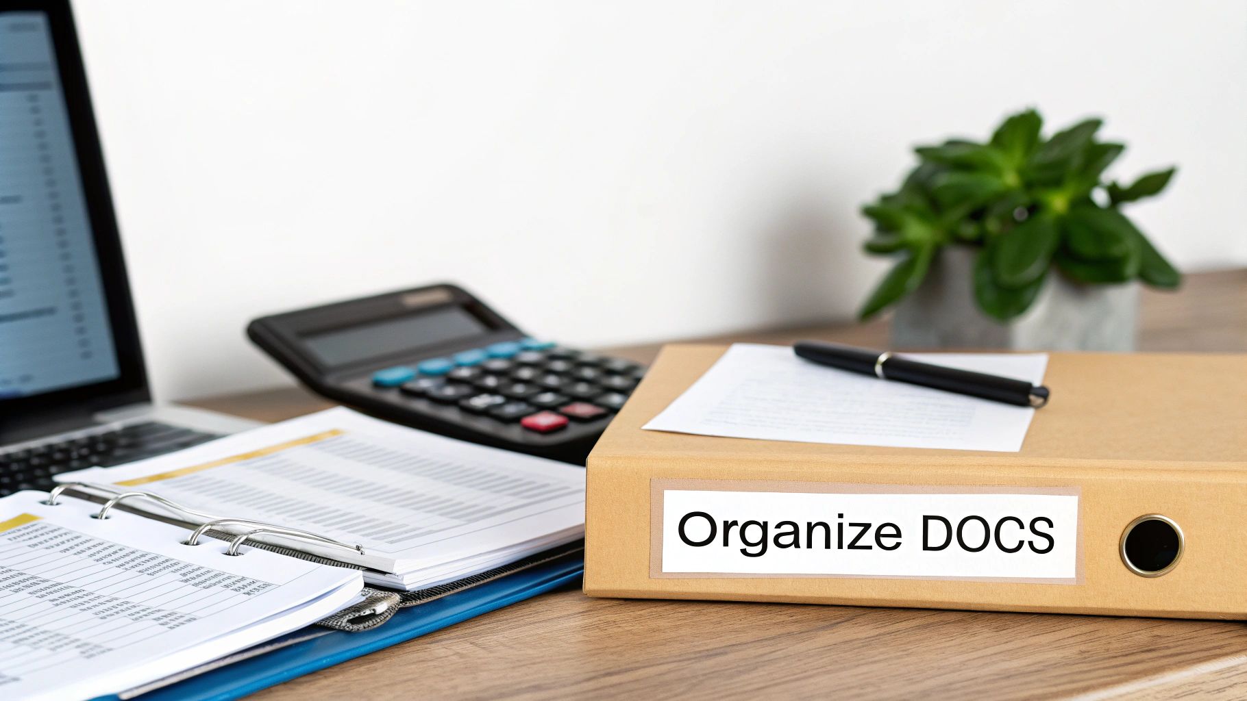 A brown binder labeled 'Organize DOCS' on a wooden desk, surrounded by a laptop, calculator, and papers, signifying document organization.