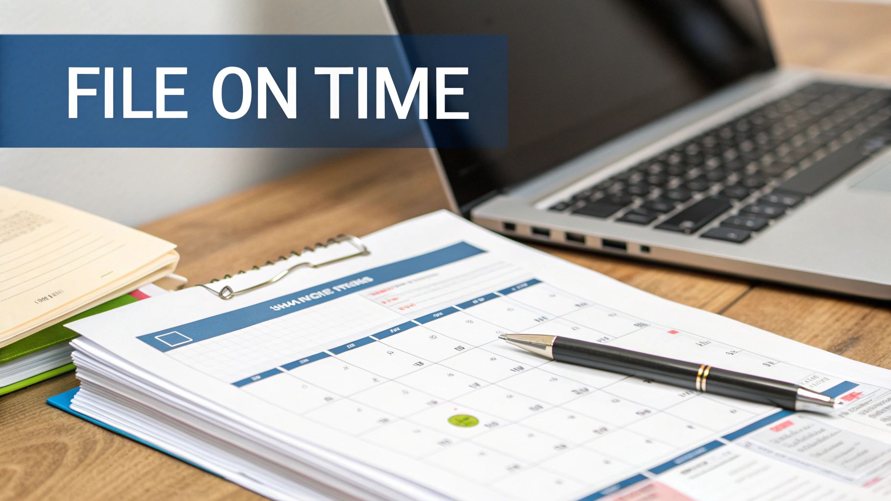 A desk with a laptop, documents, and a calendar, highlighting 'FILE ON TIME' in blue.