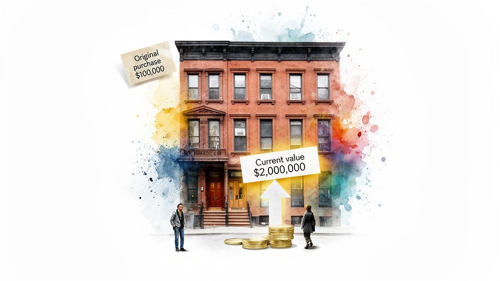 Watercolor illustration of a brownstone building showing property appreciation from $100,000 to $2,000,000.