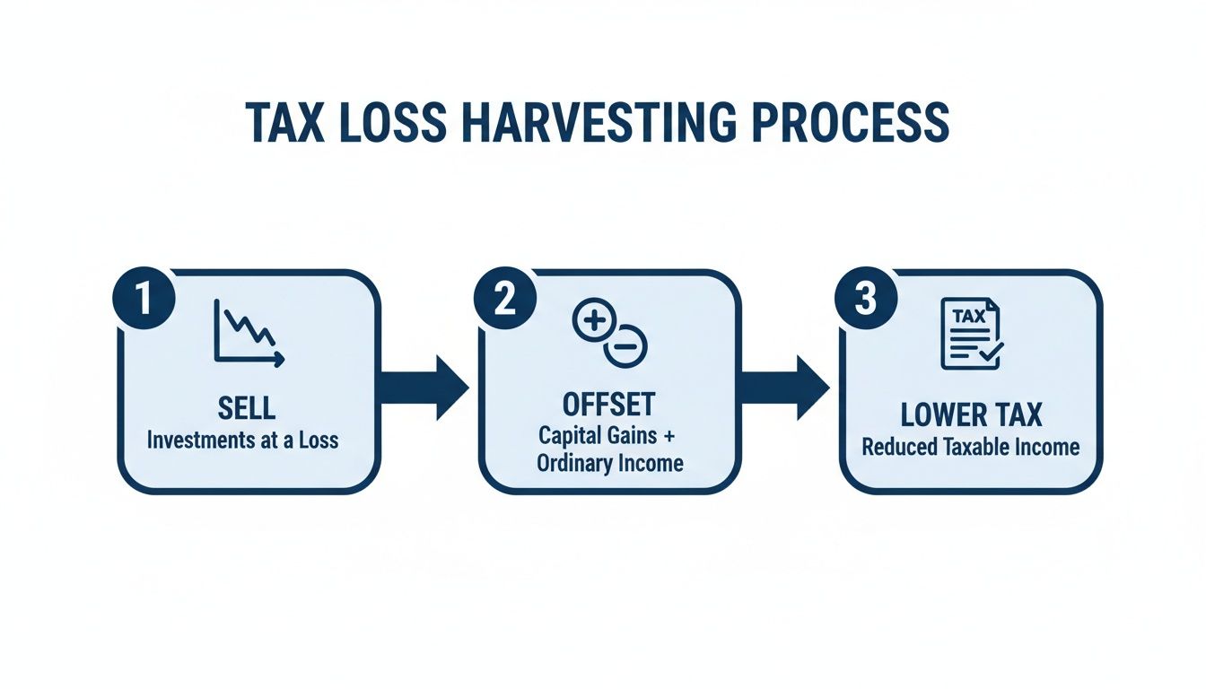 A diagram illustrates the tax loss harvesting process in three steps: Sell investments at a loss, Offset capital gains and ordinary income, resulting in Lower Tax and reduced taxable income.