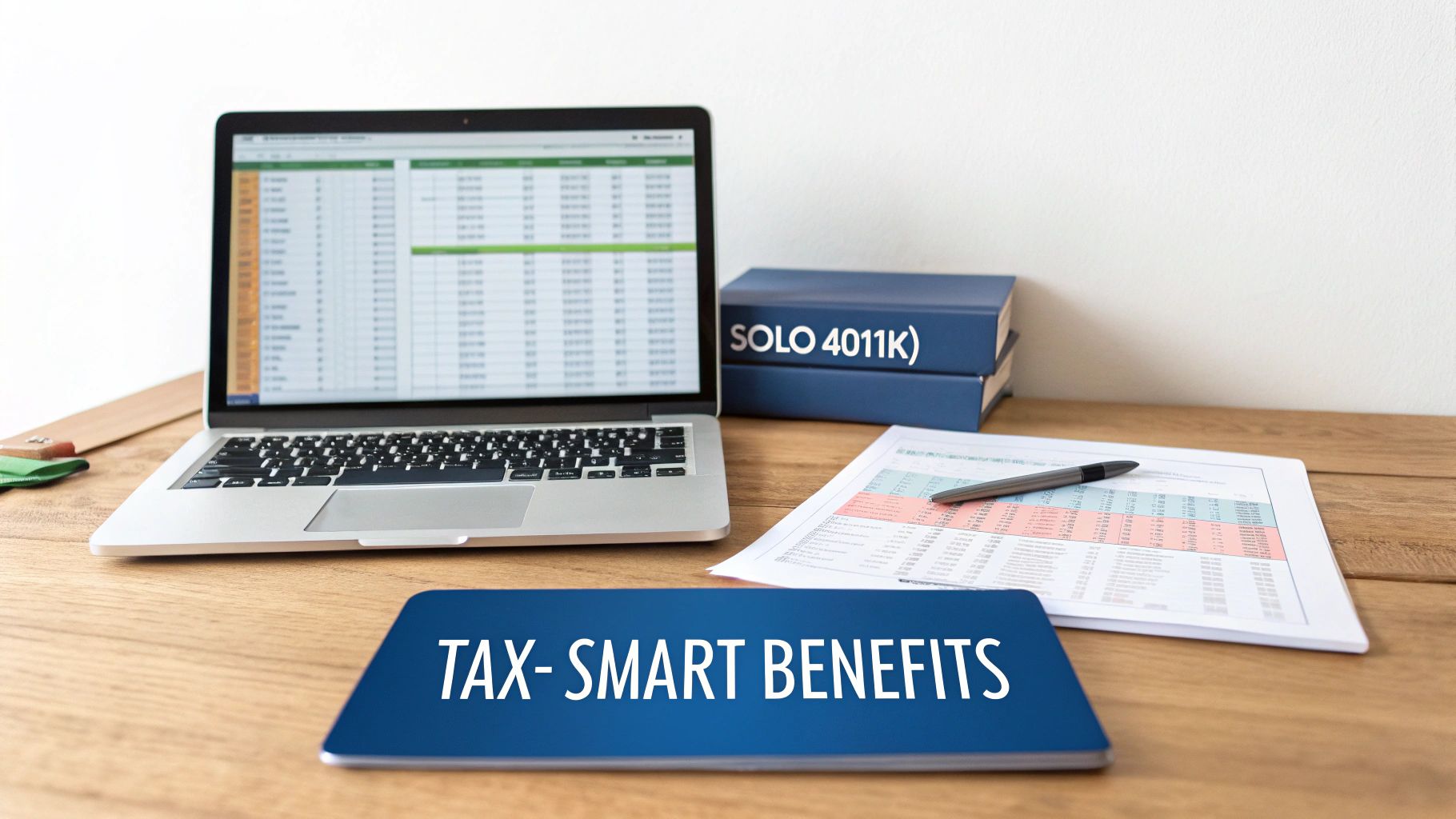 A workspace showing a laptop with a spreadsheet, Solo 401K binders, and a tablet for tax-smart benefits.