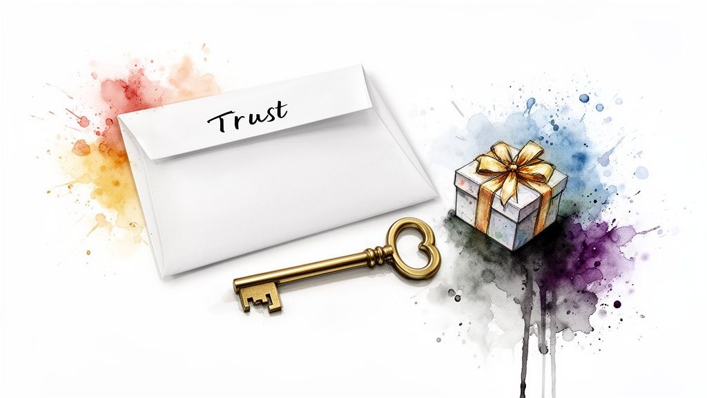 A white envelope labeled 'Trust', a golden key, and a gift box with colorful watercolor splashes.