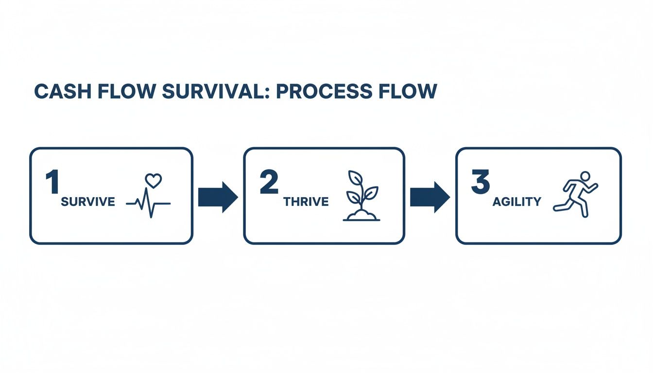 Cash flow survival process flow diagram: 1. Survive (heartbeat), 2. Thrive (plant), 3. Agility (runner).