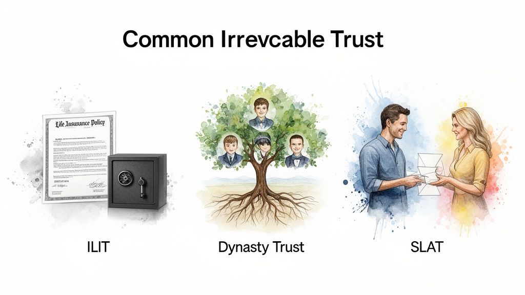 Illustration showing three types of common irrevocable trusts: ILIT, Dynasty Trust, and SLAT.