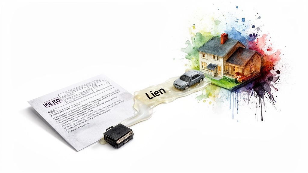 A legal document marked 'FILED', briefcase, car, and house connected by a 'Lien' substance.