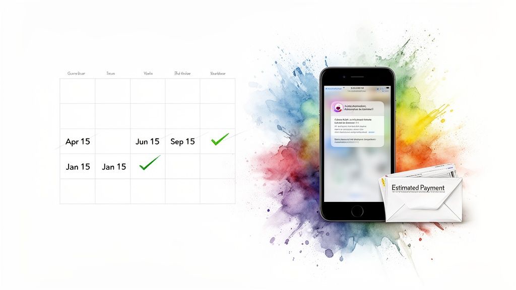 Calendar showing tax payment dates, a smartphone with a notification, and an estimated payment envelope.