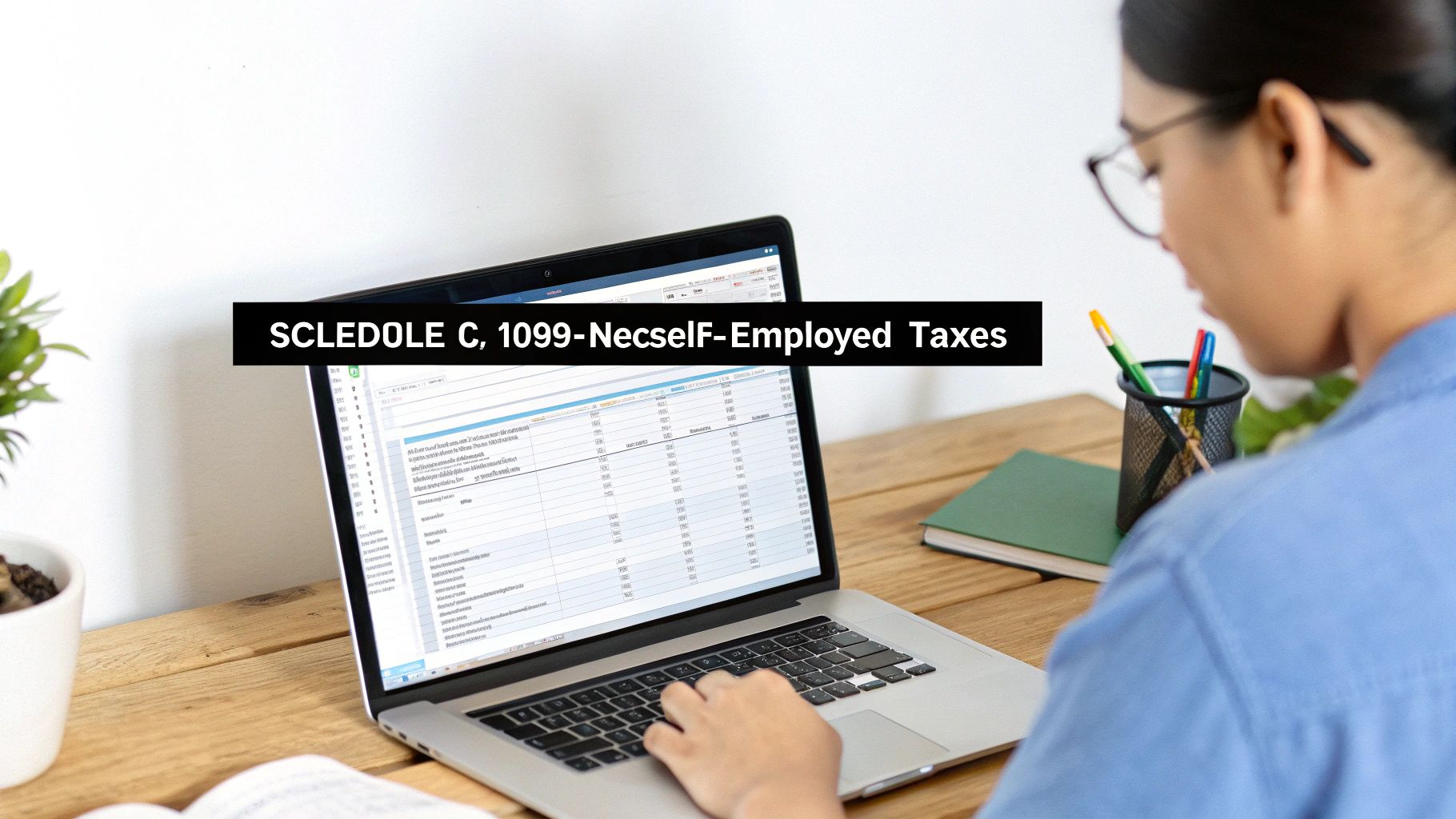Professional working on laptop completing Schedule C form for self-employed tax filing