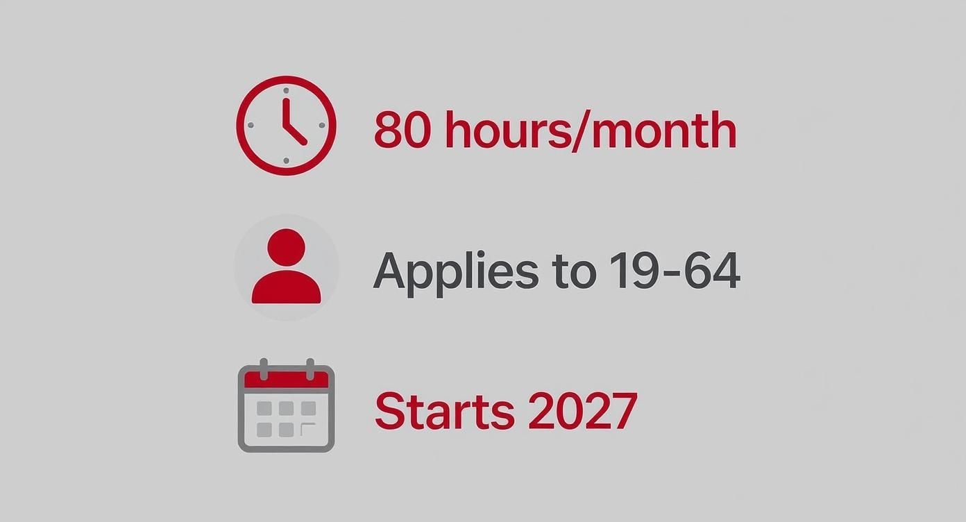 Infographic detailing policy requirements: 80 hours/month, applies to ages 19-64, starts 2027.