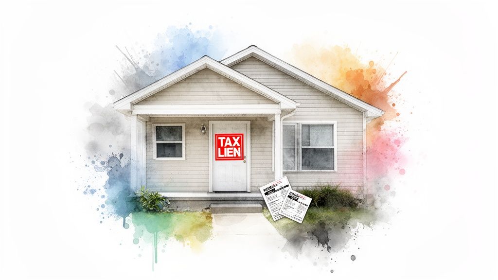 A house with a red 'TAX LIEN' sign on its door and legal documents on the ground, depicted with a watercolor effect.