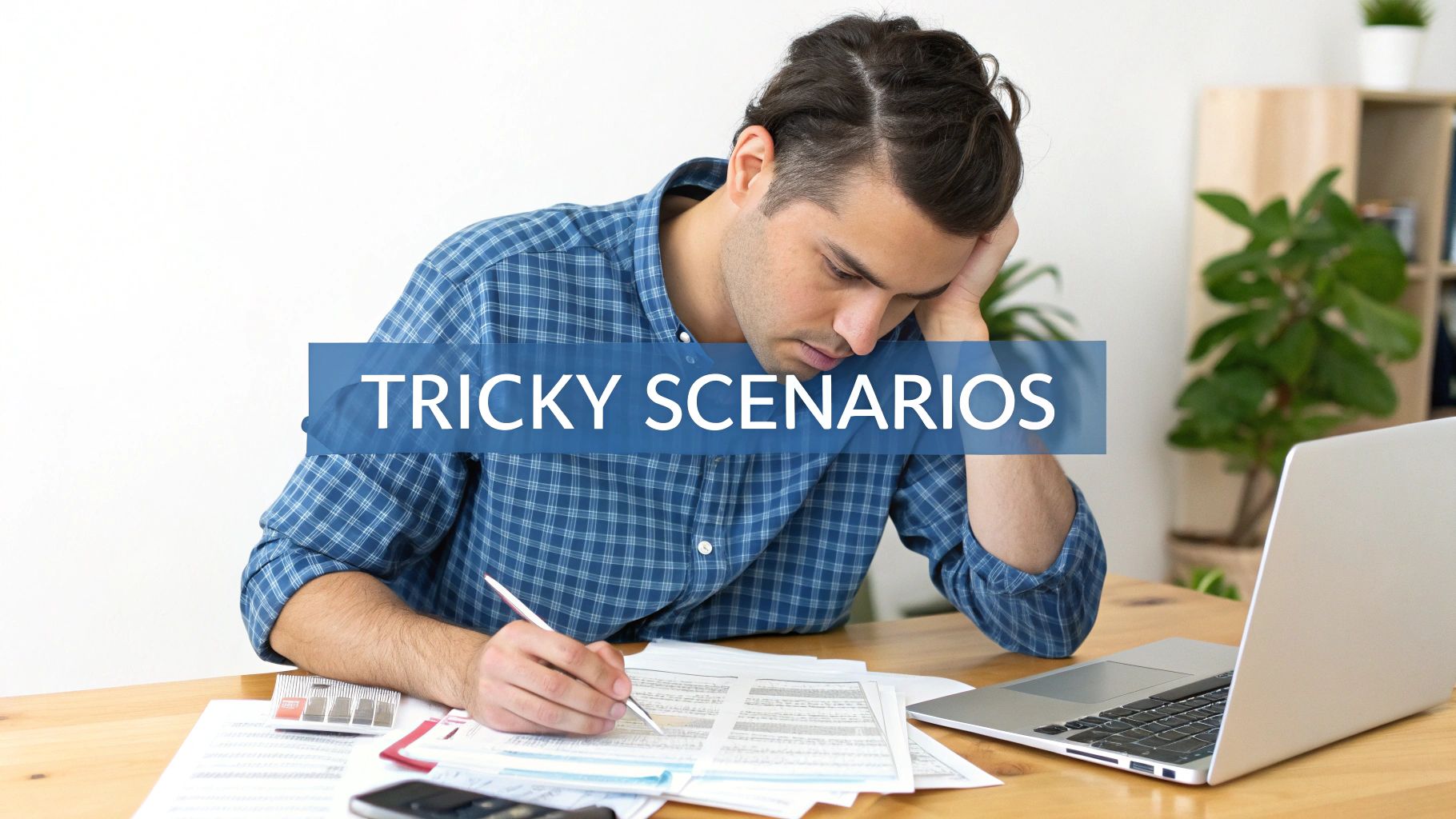 A man looking stressed and focused while working on documents with a laptop, 'TRICKY SCENARIOS' overlay.