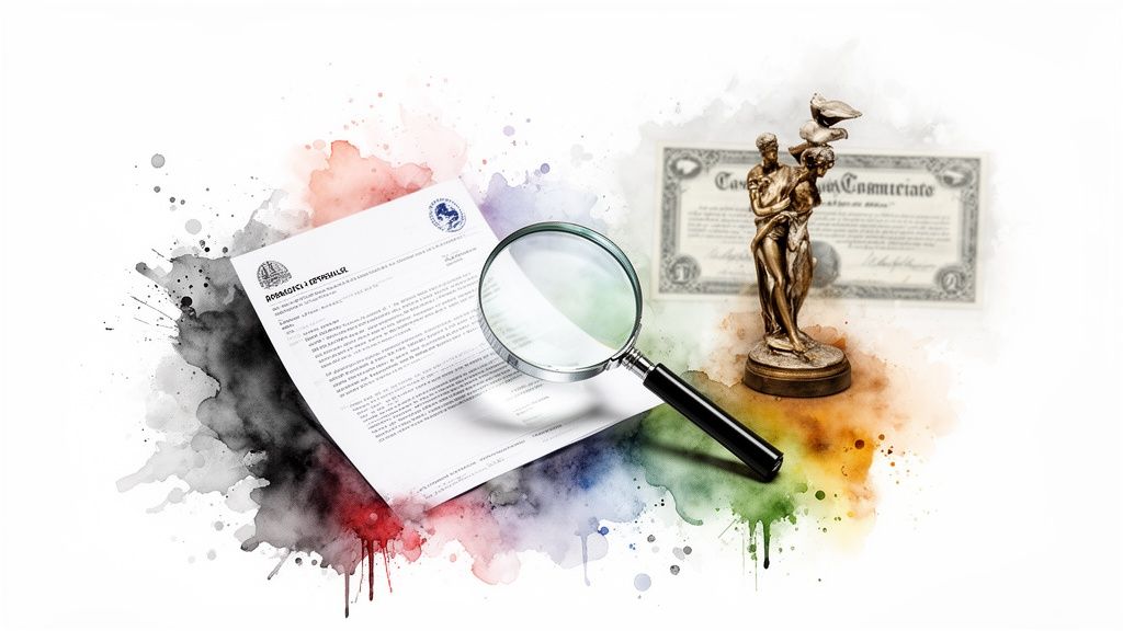 Document with magnifying glass, antique statue, and certificate over vibrant watercolor splashes.