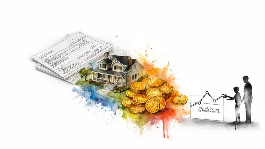 Illustration of checks, a house, gold coins, and silhouettes viewing a financial income graph.
