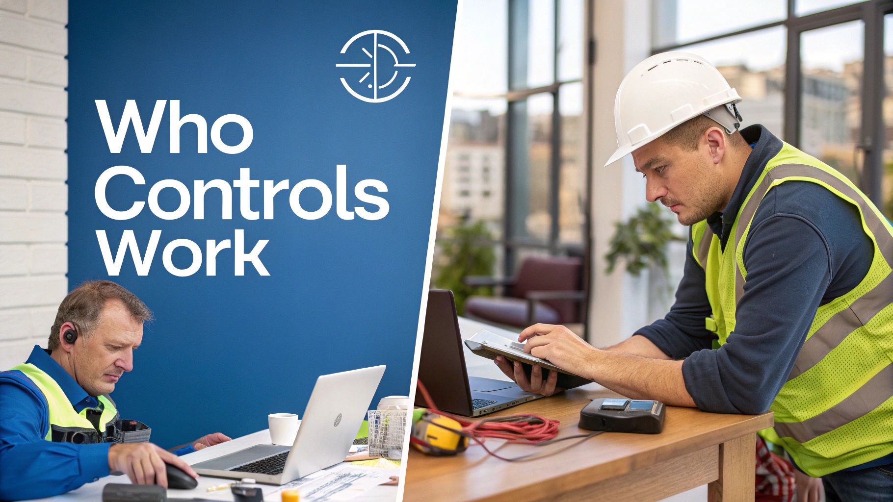 Two male contractors in safety vests, using laptops and tablets for work control and management.