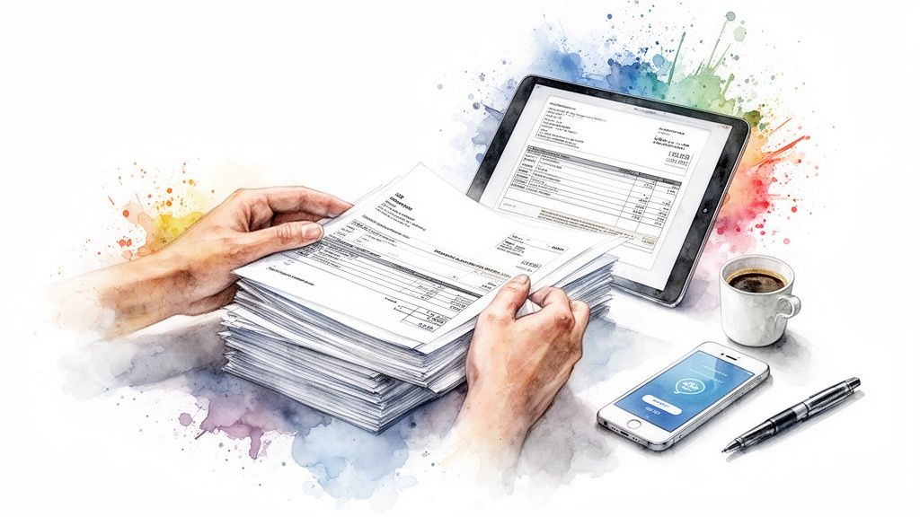 Watercolor illustration of hands comparing physical financial documents with digital ones on a tablet and smartphone.