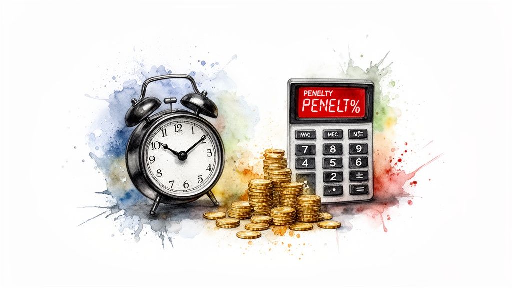 Watercolor illustration of an alarm clock, gold coins, and a calculator displaying 'PENALTY'.