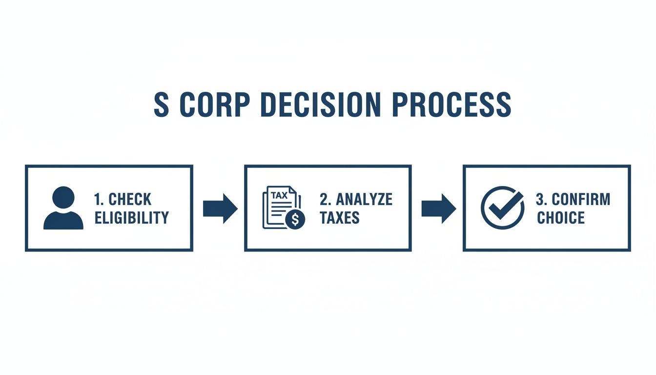 S Corp decision process flowchart with three steps: Check Eligibility, Analyze Taxes, and Confirm Choice.